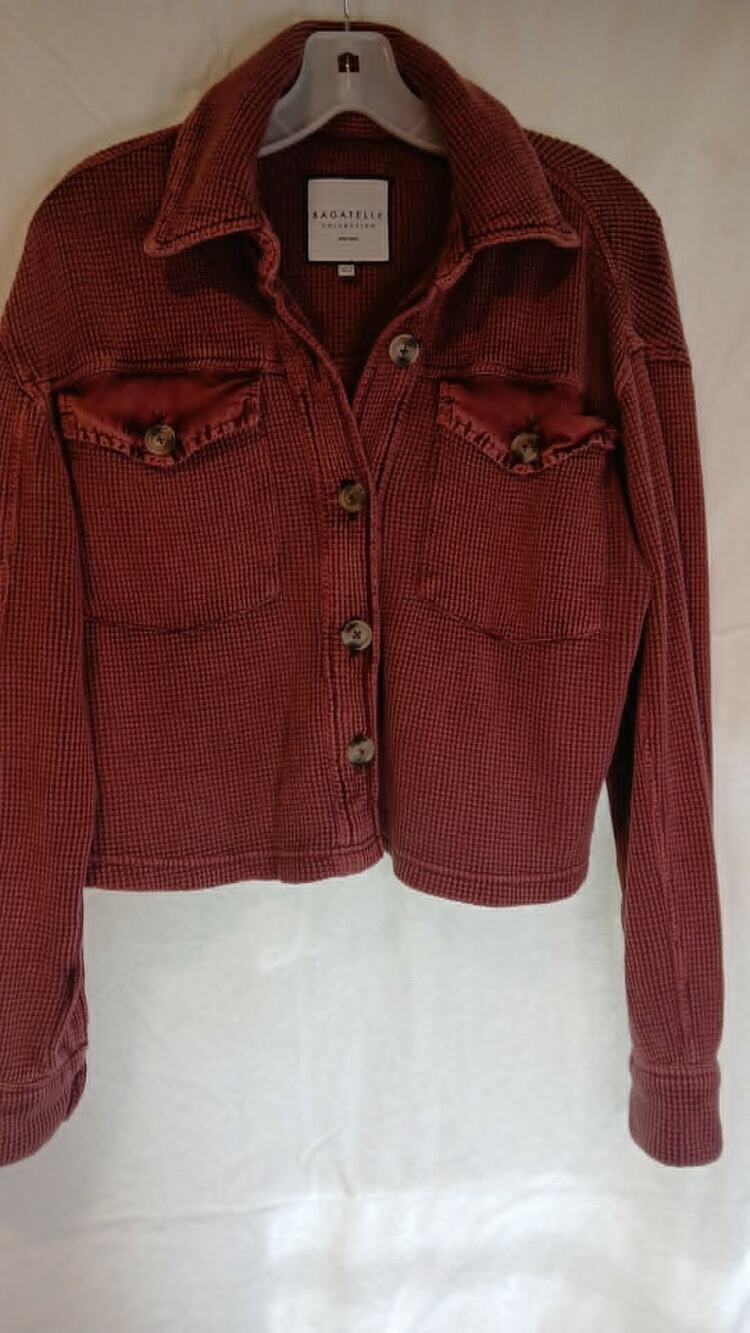 Bagatelle Collection Burgundy Waffle Knit Cropped Shacket Jacket Womens Small
